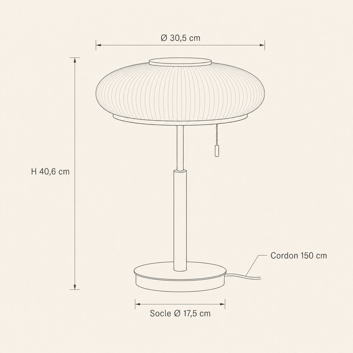 Dimensioned diagram of the Grelin vintage table lamp, 30.5 cm diameter and 40.6 cm height | Wickleigh