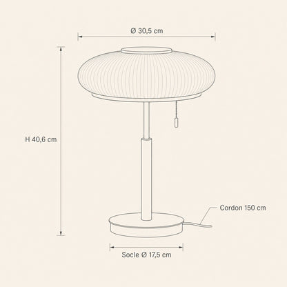 Dimensioned diagram of the Grelin vintage table lamp, 30.5 cm diameter and 40.6 cm height | Wickleigh