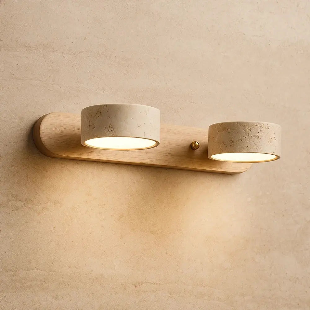 Odika travertine wall light, wood finish, two lights, Ø32 x H6 cm | Wickleigh