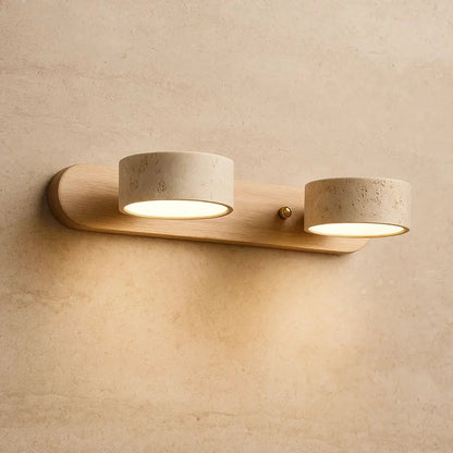 Odika travertine wall light, wood finish, two lights, Ø32 x H6 cm | Wickleigh