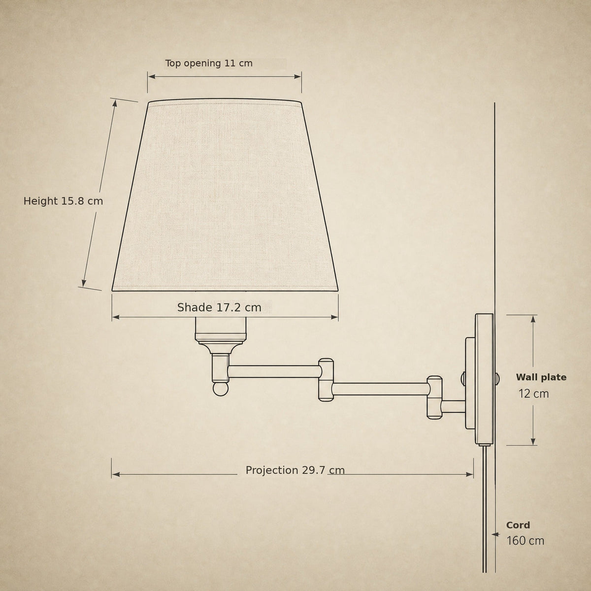 Fabric cone wall reading light size guide: shade, projection and cord length