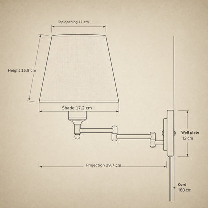 Fabric cone wall reading light size guide: shade, projection and cord length