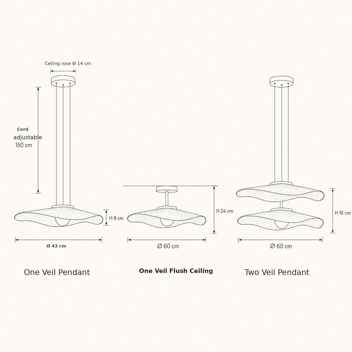 Pleated fabric pendant light size guide: one veil, two veils and flush ceiling