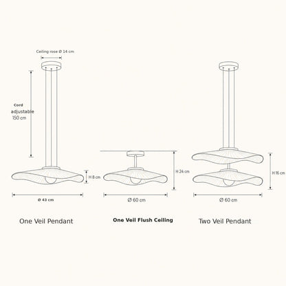 Pleated fabric pendant light size guide: one veil, two veils and flush ceiling