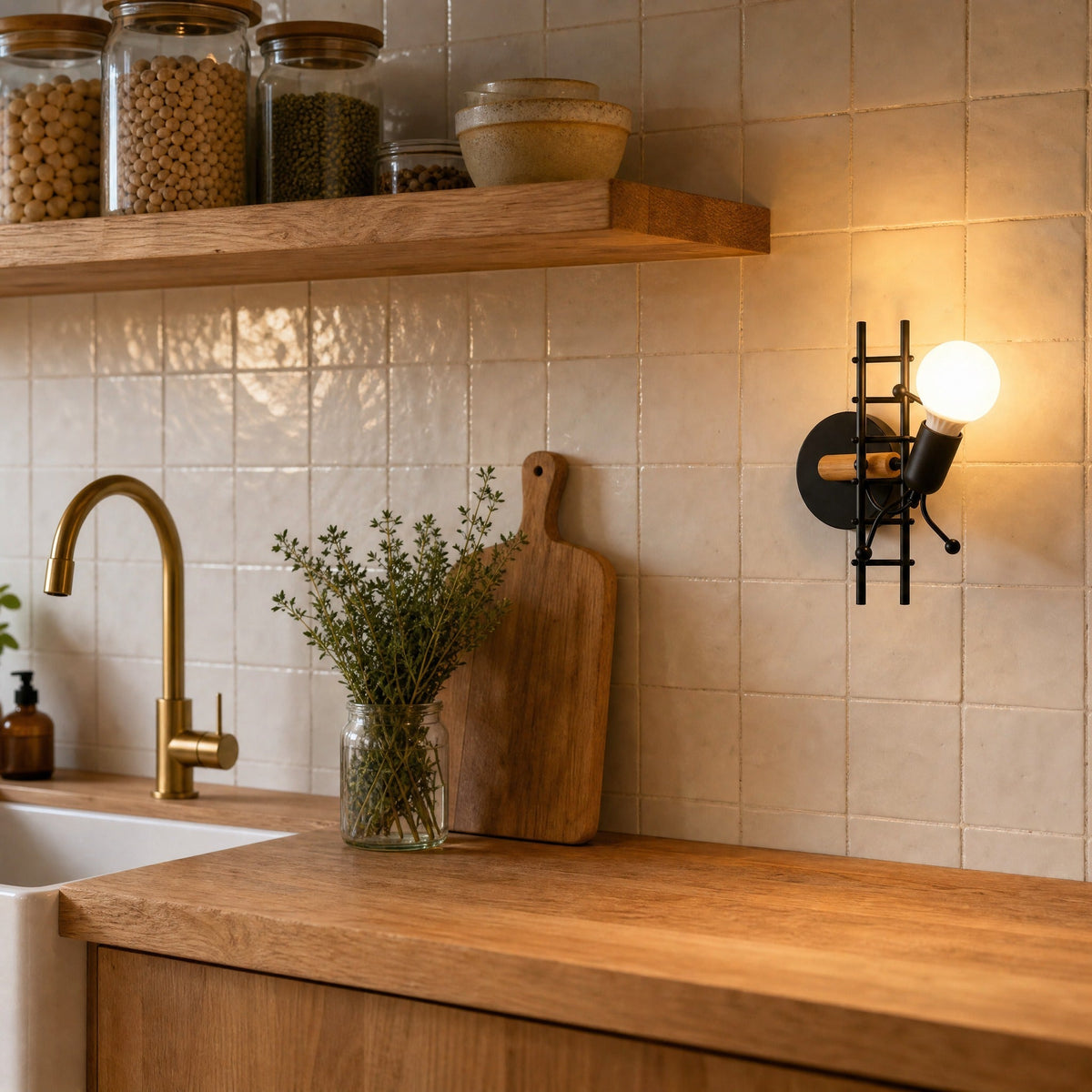 Birna black wall light lit above a zellige splashback in an open kitchen | Wickleigh