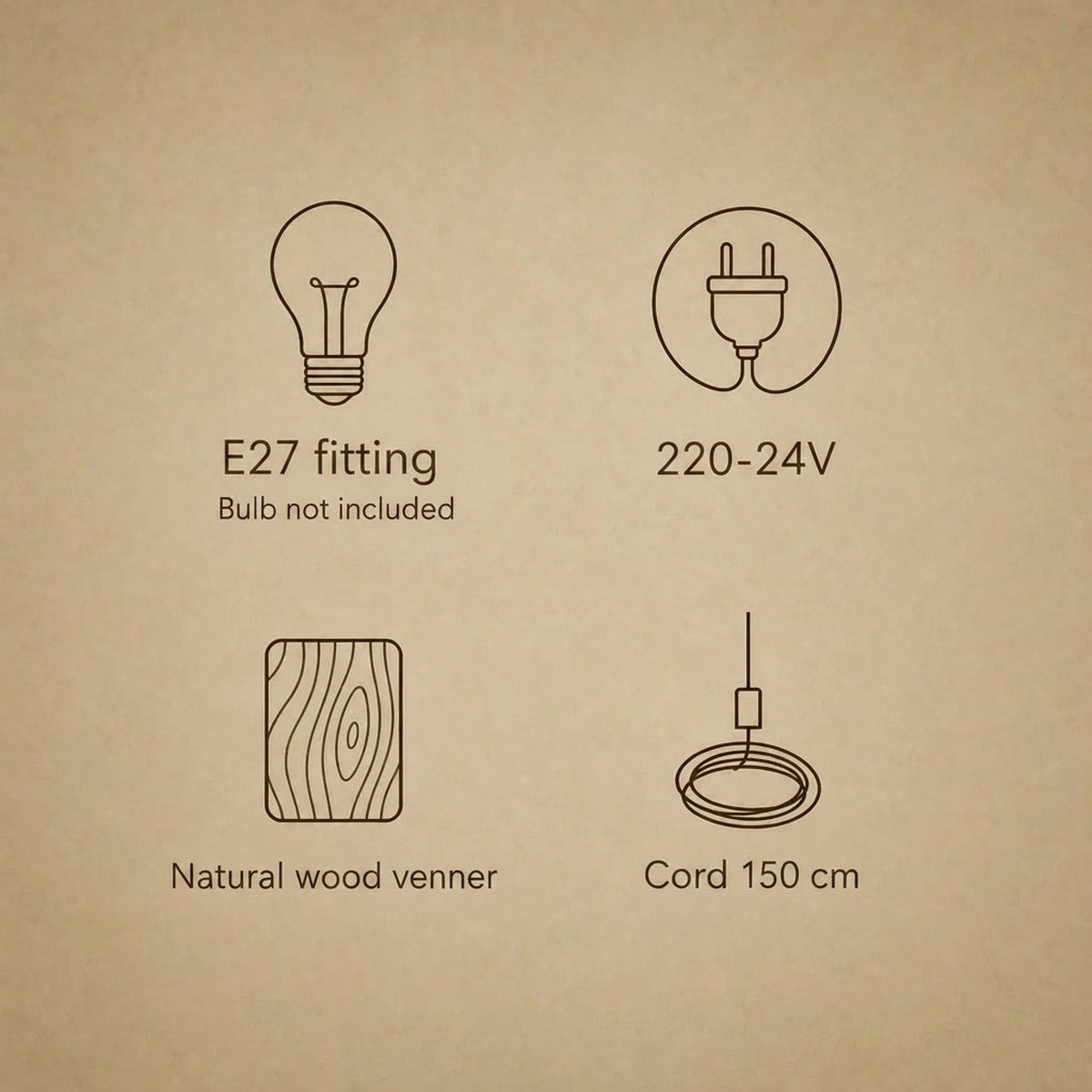 Woven veneer pendant light features: E27 socket, 150 cm cord, natural veneer