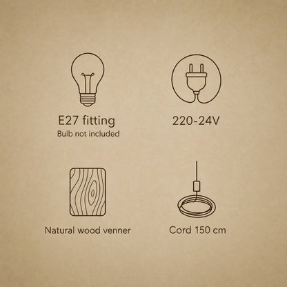 Woven veneer pendant light features: E27 socket, 150 cm cord, natural veneer