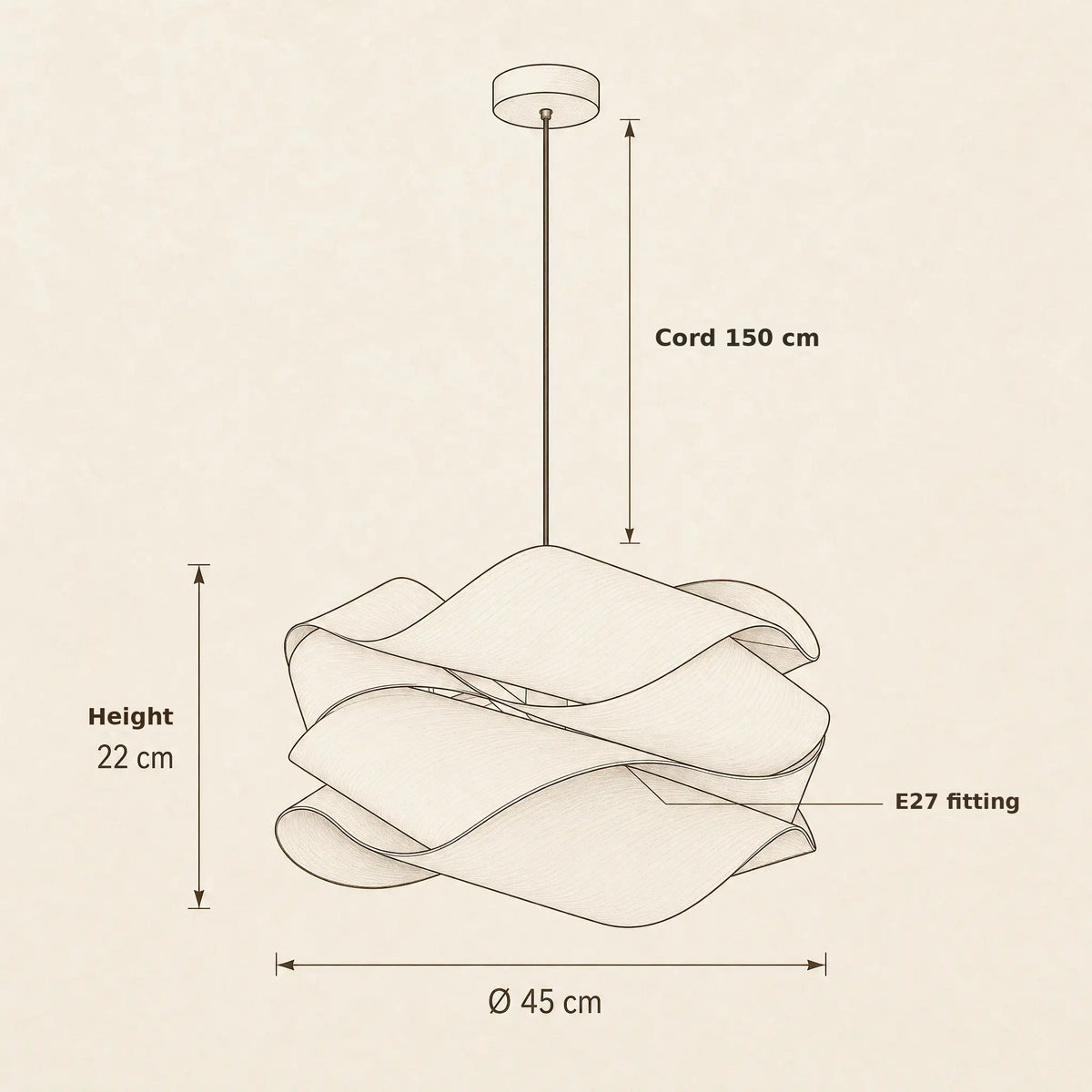 Woven veneer pendant light size guide: diameter, height and cord length