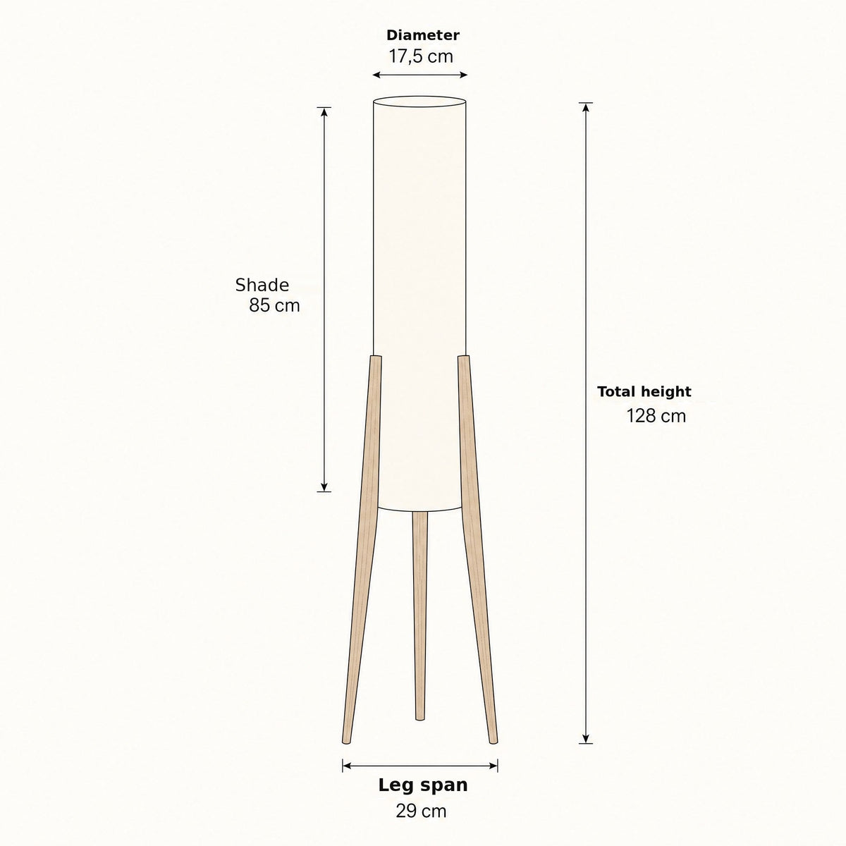 Wood tripod floor lamp size guide: total height, shade size and leg span