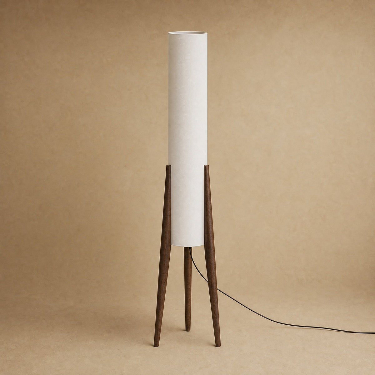Teira wood tripod floor lamp, ecru fabric column on three walnut finish legs | Wickleigh